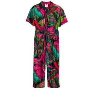 Farm Rio Midnight Leaves Tropical Print Soft Fluid Belted Jumpsuit. Size Large